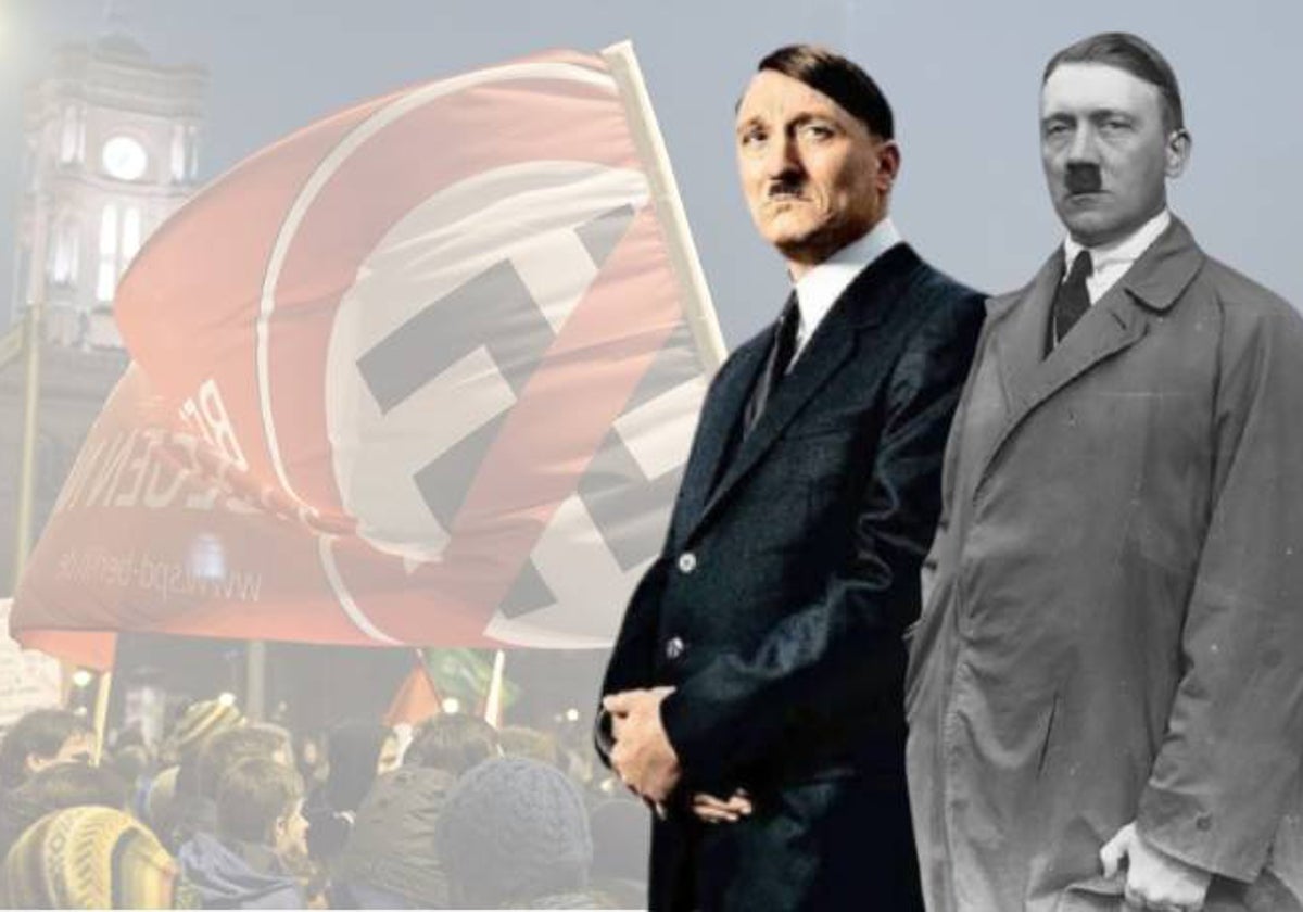 Montaje con una imagen de Hitler (derecha), junto a otra del actor que lo interpretaba en la película 'Ha vuelto', sobre una manifestación antifascista celebrada en Berlín